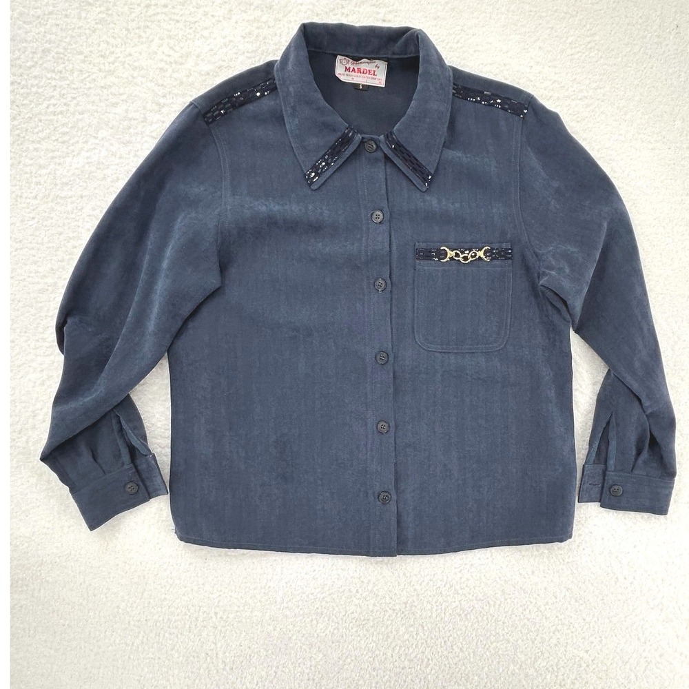 Mardel Vintage Handcrafted Sequin Chain Shirt Blue Herringbone Small‎ Equestrian